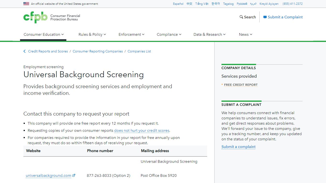 Universal Background Screening - Consumer Financial Protection Bureau