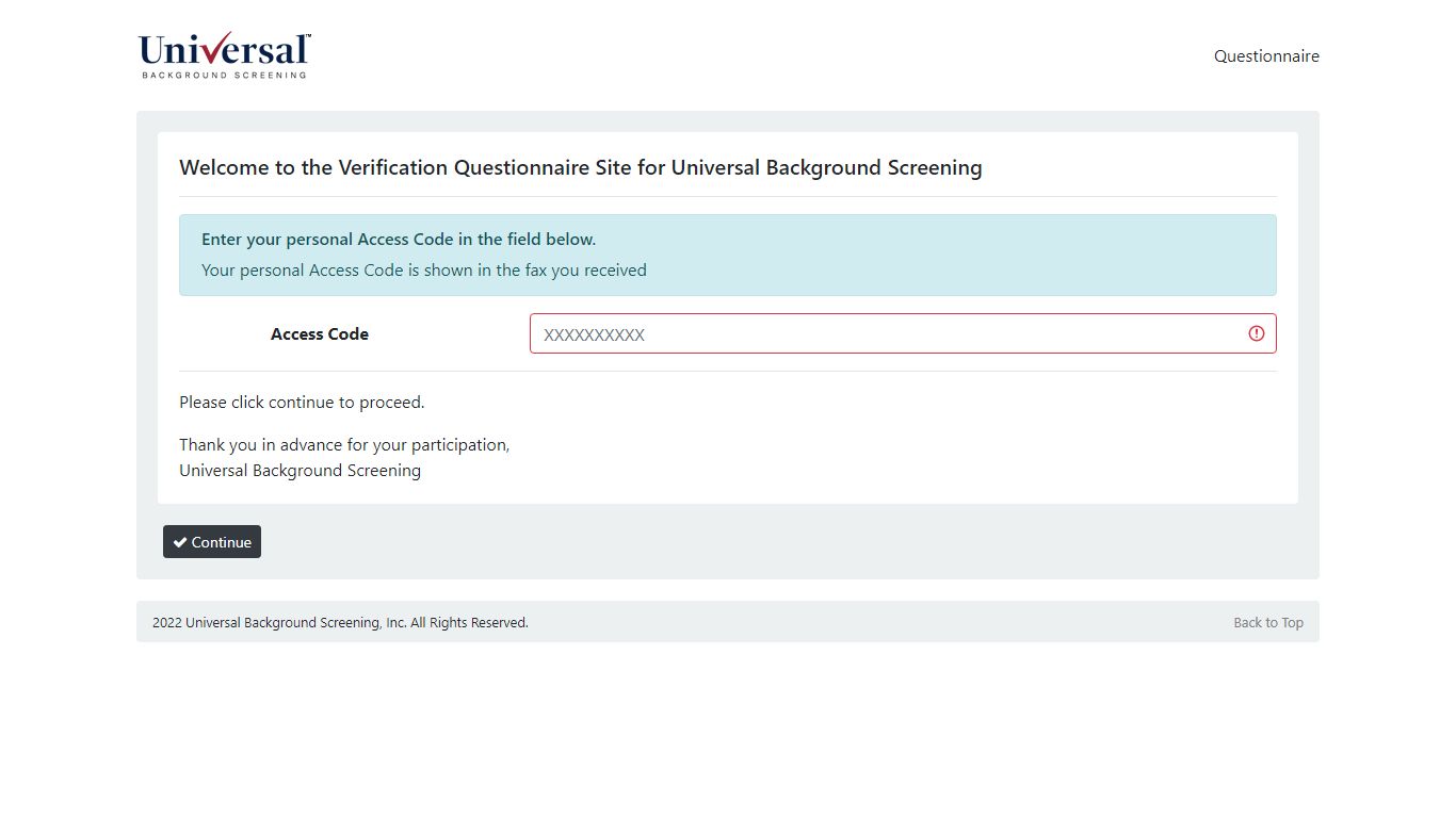 Universal Background Screening | Verification Questionnaire